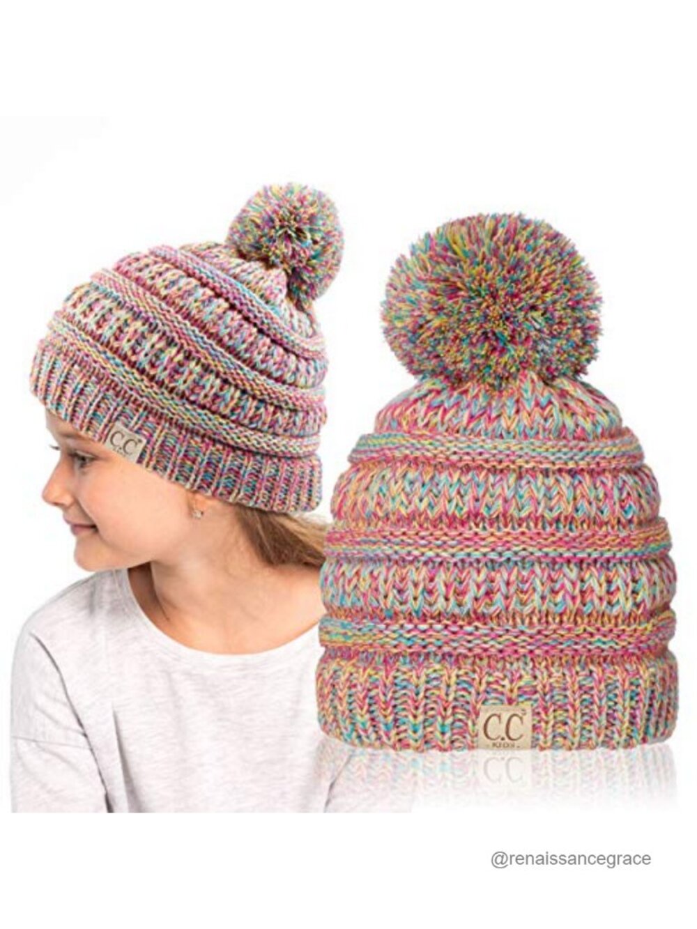 Kids Beanie Ages 2-5 Chunky Knit Slouch Hat with Pom Acrylic